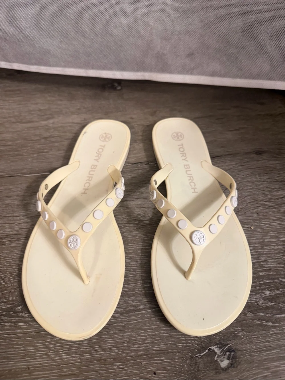 Tory Burch Pale Yellow Logo Stud Flip Flop Sandals